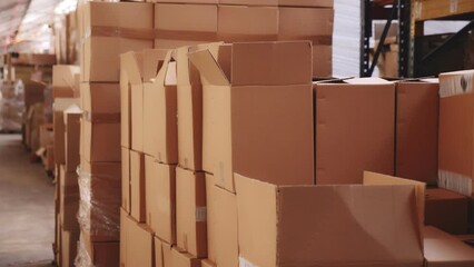 Wall Mural - Warehouse - boxes with various goods on racks and on the floor. High quality 4k footage