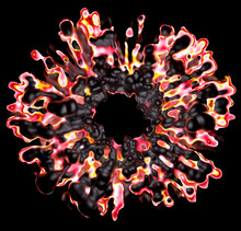 3d Render Of Abstract With Surreal Alien Flower Based On Explosive Smoke Liquid Structure In Liquid Black Metal Material With Yellow Red Glowing Color Parts On Surface On Black Background