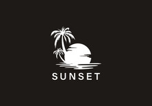 Sunset Vector Logo Design Template. Palm Tree Sun And Water Logo Design Template