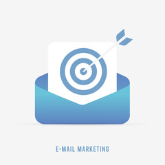 Poster - Email Marketing concept. Digital marketing business newsletter, acquisition and retention emails, and personalized promotional e-mail messages. Blue envelope with open letter and hit a target icon
