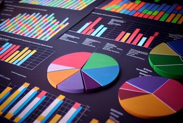 various financial documents, graphs, reports, generative ai, 3d, pie charts