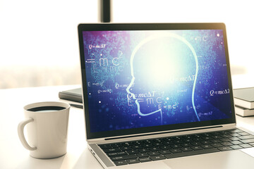 Poster - creative artificial intelligence concept with human head sketch on modern computer monitor. 3d rende