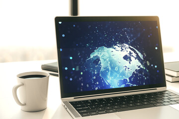 Poster - Modern computer screen with abstract creative coding sketch and world map, artificial intelligence and neural networks concept. 3D Rendering
