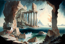 Wall Paper. Landscape, The Ruins Of An Ancient Roman Civilization With Birds Of The Marine Environment, By The Sea. Color Painting - Digital Painting