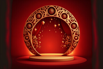 Wall Mural - a round stage with red background with gold ornament and lampion 