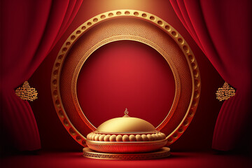 Wall Mural - a round stage with red background with gold ornament and lampion 