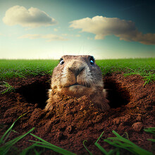 Dramatic Photo Real Wide Lens Groundhog Pops Out Of Hole On Groundhog Day, Generative Ai