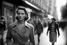 Young Woman Walking In Paris In 1950. Monochromatic Vintage. This Image Was Created With Generative AI