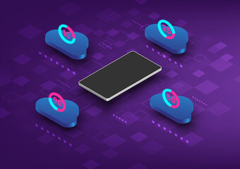 Poster - Hi-tech abstract background. Technology Connecting to cloud computing, downloading and uploading data with mobile phones. big data storage There are squares stacked below,on purple gradient background