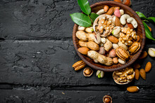 Different Types Of Nuts In Bowl.