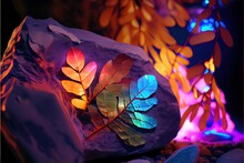 Abstract Quartzite Stone And Organic Nature Leaves, Each One A Unique And Mesmerizing Creation. The Scene Is Bathed In A Bright, Neon Light That Adds To The Otherworldly Feel Of The Background