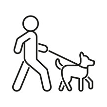 Person Walk With Dog On Leash, Line Icon. Owner Pet. Vector Outline Sign