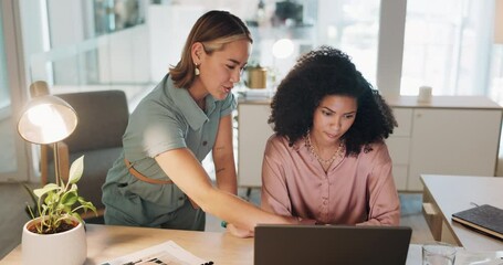 Aufkleber - Support, laptop and business women coaching, training and helping on website, system or software management. Office manager, mentor and employee, staff or worker at desk review, feedback and learning