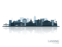 Lansing Skyline Silhouette With Reflection. Landscape Lansing, Michigan. Vector Illustration.