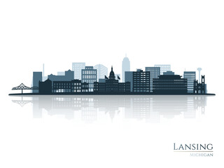 Lansing skyline silhouette with reflection. Landscape Lansing, Michigan. Vector illustration.