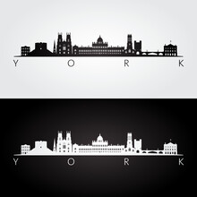York Skyline And Landmarks Silhouette, Black And White Design, Vector Illustration.