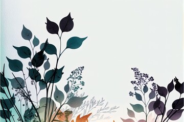 Wall Mural - Abstract aquarelle florals, leaves and watercolor flowers silhouettes with empty space for text on white background