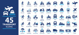 Fototapeta  - Transport icon set. Containing car, bike, plane, train, bicycle, motorbike, bus and scooter icons. Solid icon collection.