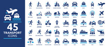 Transport Icon Set. Containing Car, Bike, Plane, Train, Bicycle, Motorbike, Bus And Scooter Icons. Solid Icon Collection.