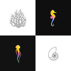 Poster - Sea life icon set. Abstract seahorse jellyfish coral and nautilus shell