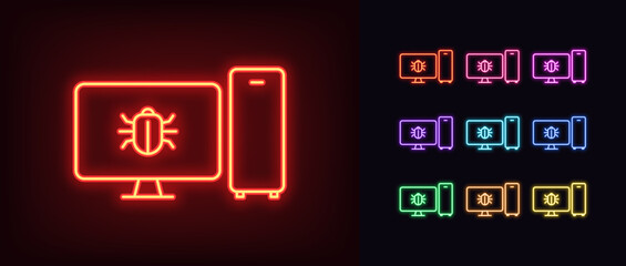 Poster - Outline neon pc malware icon set. Glowing neon system unit and monitor screen frame with bug sign, cyber security hack pictogram. Error debug, software bugs, hacker and virus attack.