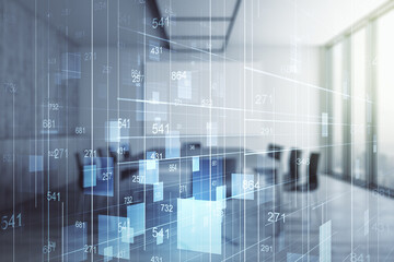 Poster - Double exposure of abstract virtual statistics data hologram on a modern meeting room background, statistics and analytics concept