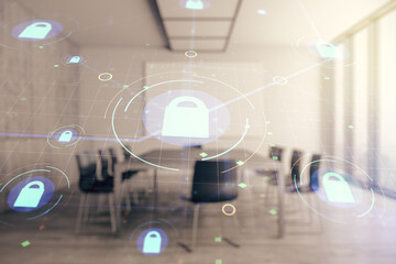 Poster - Double exposure of virtual creative lock hologram with chip on a modern meeting room background. Information security concept