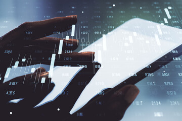 Poster - Multi exposure of creative statistics data hologram with finger presses on a digital tablet on background, stats and analytics concept