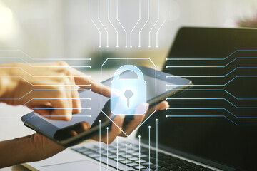 Aufkleber - Creative lock illustration with microcircuit and finger presses on a digital tablet on background, cyber security concept. Multiexposure