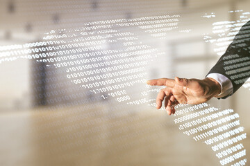 Poster - Double exposure of businessman hand working with graphic America map on blurred office background, big data and digital technology concept