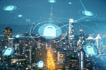 Poster - Virtual creative lock illustration with microcircuit on San Francisco cityscape background, cyber security concept. Multiexposure
