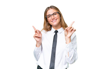 Wall Mural - Young business caucasian woman over isolated background pointing finger to the laterals and happy