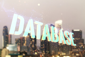 Aufkleber - Double exposure of creative Database word hologram on blurry cityscape background, research and development concept
