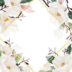 Wall Mural - watercolor white magnolia blooming flower branch bouquet with gold glitter frame square banner background