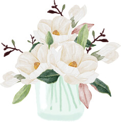 Wall Mural - watercolor white magnolia blooming flower branch bouquet in glass vase clipart