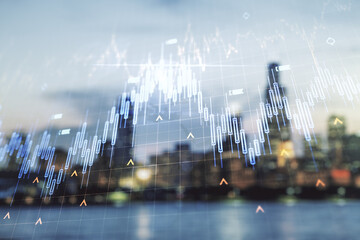 Poster - Multi exposure of abstract financial diagram and world map on blurry office buildings background, banking and accounting concept