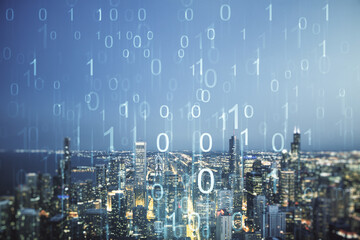 Leinwandbilder - Abstract virtual binary code illustration on Chicago skyline background. Big data and coding concept. Multiexposure