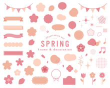 春のフレーム＆飾りイラストのセット　桜　装飾　リボン　枠　かわいい　シンプル　吹き出し　花　素材