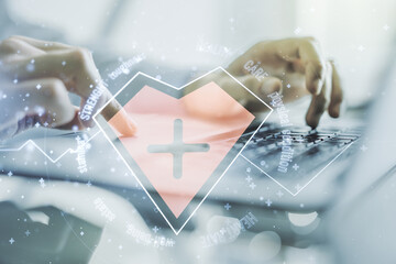 Poster - Creative abstract heart rate sketch and hands typing on computer keyboard on background, Medicine and healthcare concept. Multiexposure