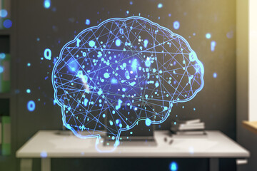 Poster - Double exposure of creative human brain microcircuit and modern desk with computer on background. Future technology and AI concept
