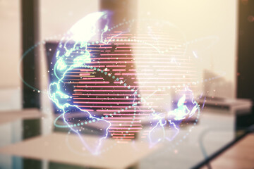Poster - Double exposure of abstract digital world map with connections on computer background, big data and blockchain concept