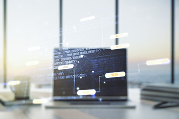 Aufkleber - Double exposure of abstract creative programming illustration on computer background, big data and blockchain concept