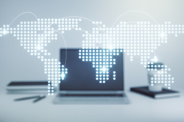 Poster - Abstract creative world map with connections on modern laptop background, international trading concept. Multiexposure
