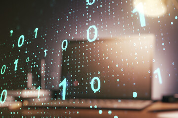 Aufkleber - Double exposure of creative abstract binary code hologram on laptop background. Database and programming concept