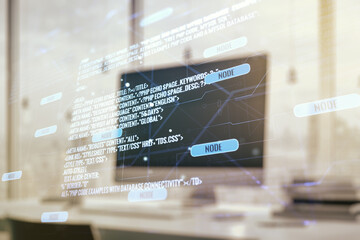 Poster - Double exposure of abstract creative programming illustration on computer background, big data and blockchain concept