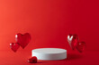 St valentines day promotion concept. Abstract empty white podium on red background. Mock up stand for product presentation. 3D Render