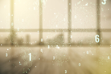 Poster - Multi exposure of abstract software development hologram and world map on empty modern office background, global research and analytics concept