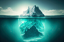 Majestic Giant Floating Iceberg Going Deep Under Water With Sharp Peaks And Towering Over Sea