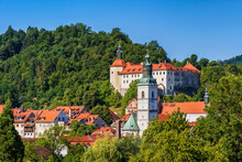 Slovenia, Upper Carniola,SkofjaLoka, Historic Town With Castle In Background