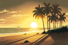 Sunset Beach With Palm Illustration